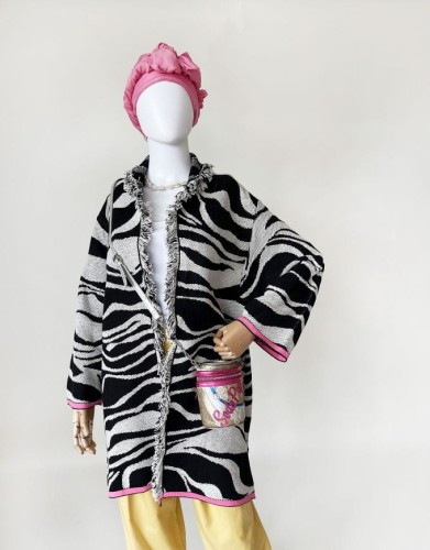 Gobelinowy kardigan z frędzlami etno