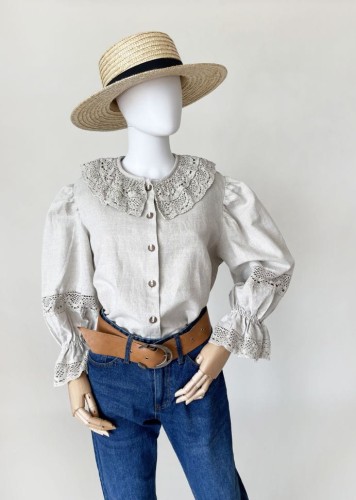 Lniana koszula vintage z dużym kołnierzem