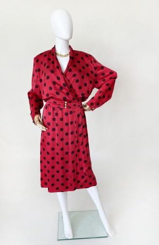 Janina Schreck jedwabna sukienka w grochy 80's