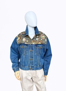 Jeansowa kurtka vintage 80's gobelinowe wstawki