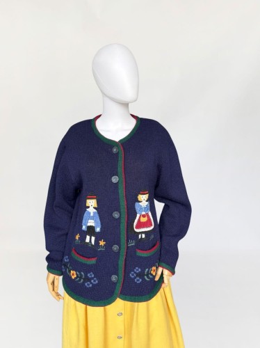 Włoski kardigan wyszywane wzory wełna szetlandzka