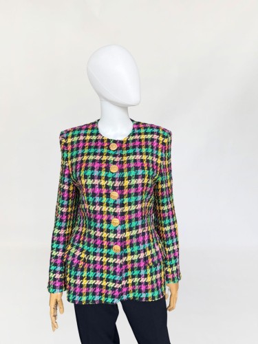 Elegance długa tweedowa marynarka dekoracyjne guziki