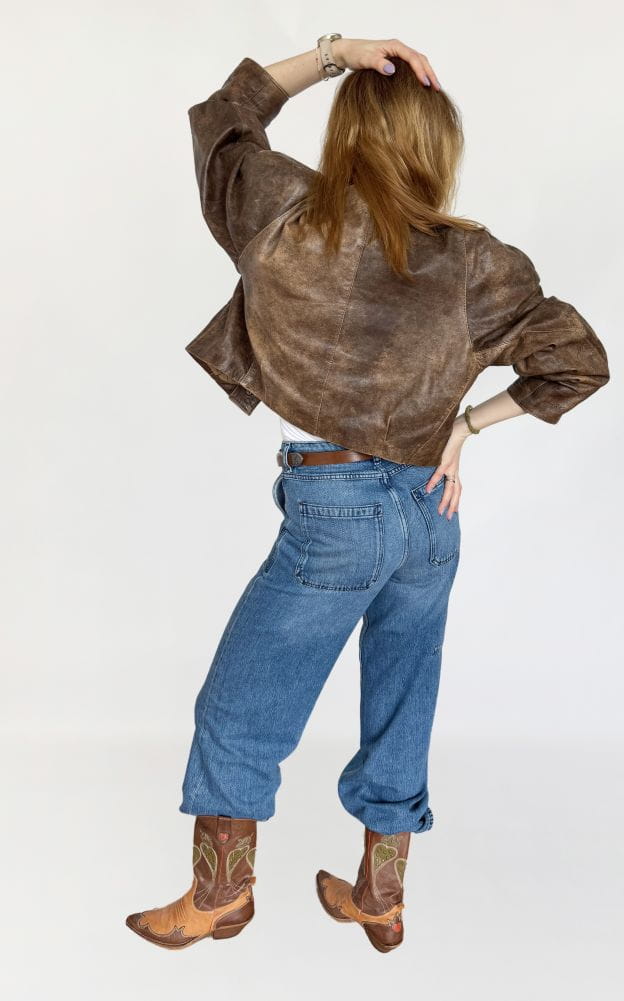 Skórzana postarzana kurtka vintage 80s power shoulders