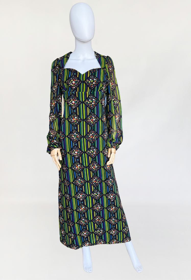 Wzorzysta maxi sukienka vintage 1970s
