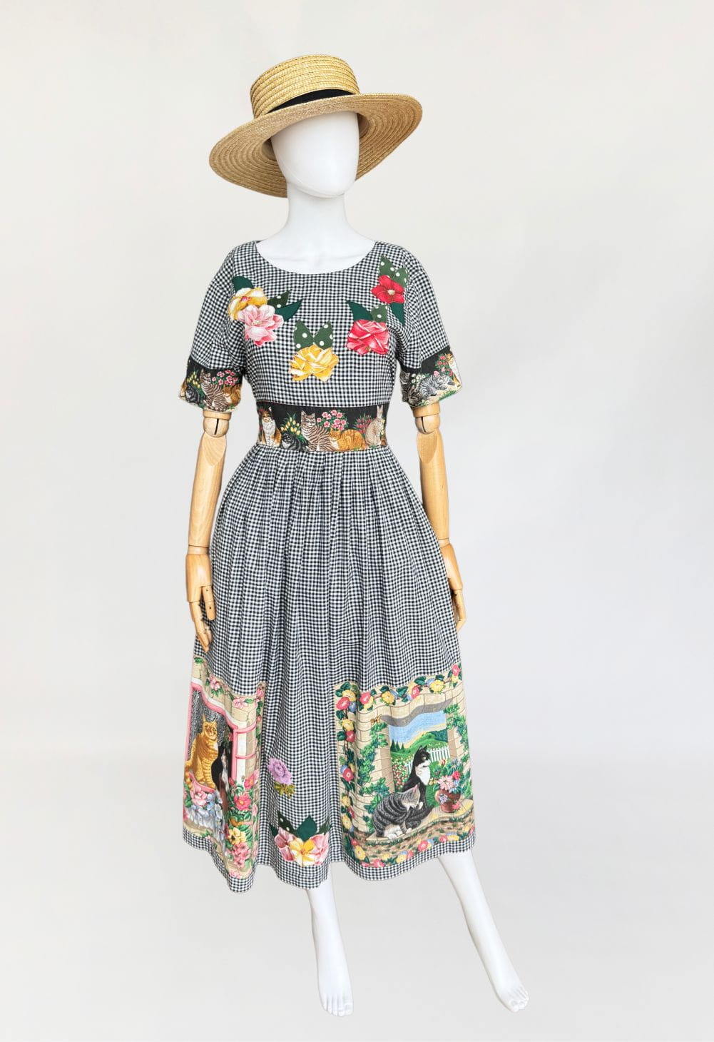 Maxi sukienka vintage w kratę 1980s koty