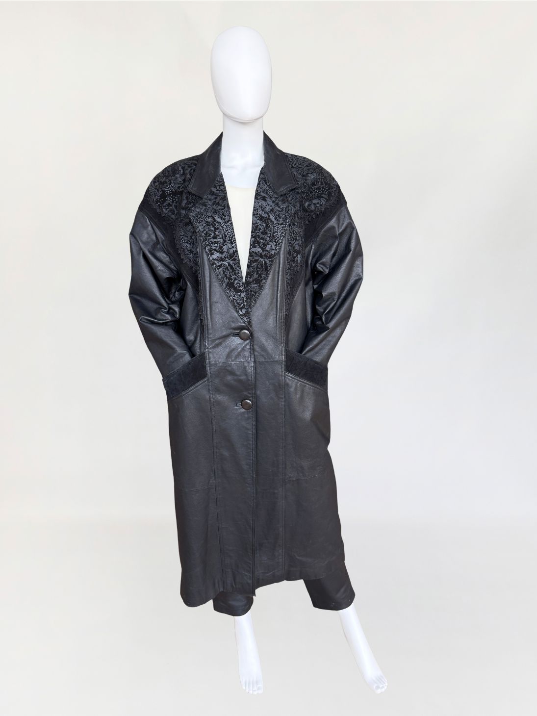 Skórzany płaszcz maxi vintage 1980s dekoracyjne wstawki