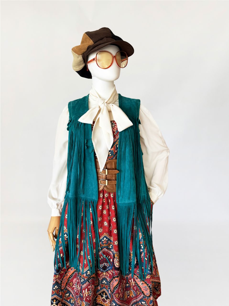 Długa skórzana kamizelka vintage z frędzlami 70's vibe