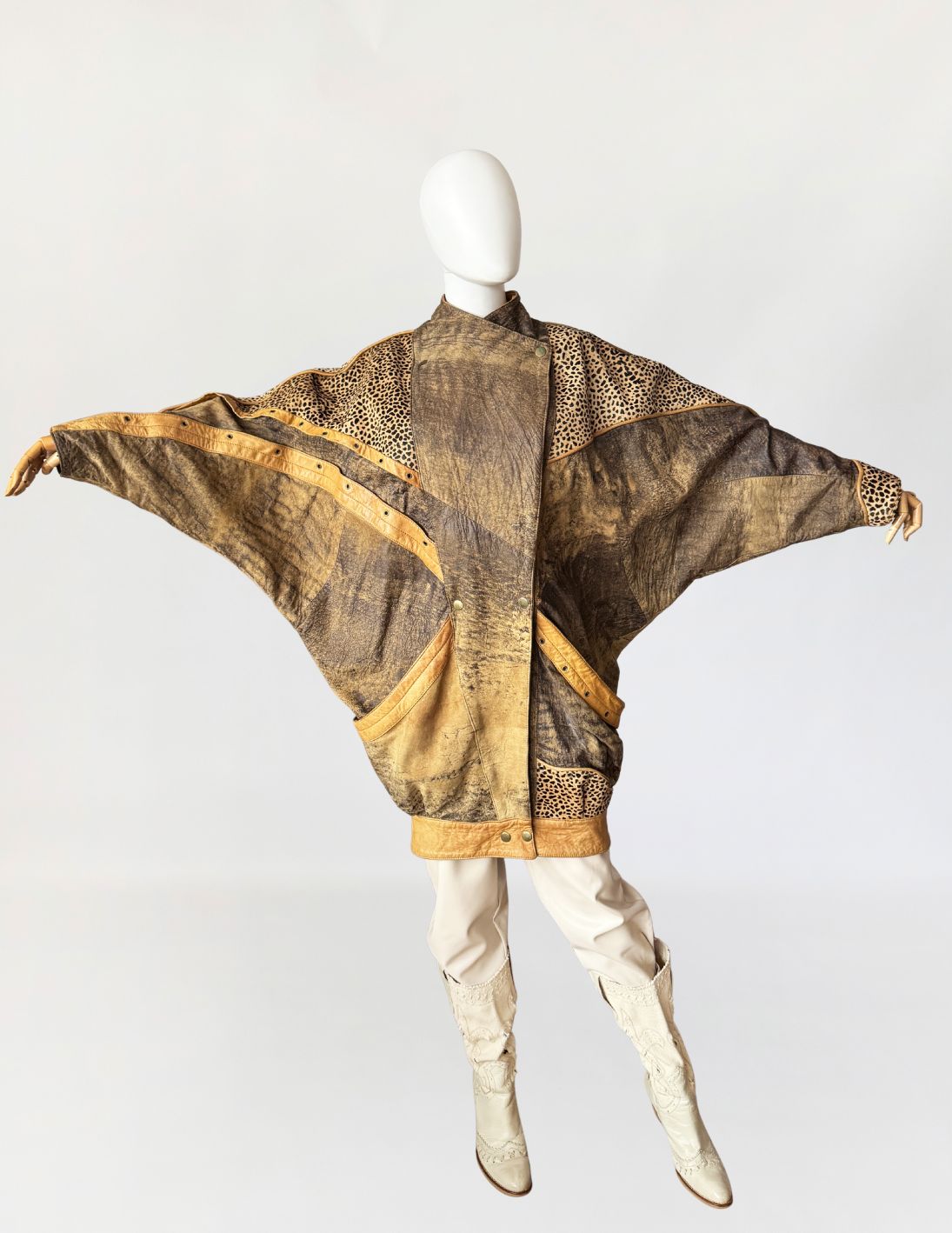 Oversize'owa skórzana kurtka vintage patchwork