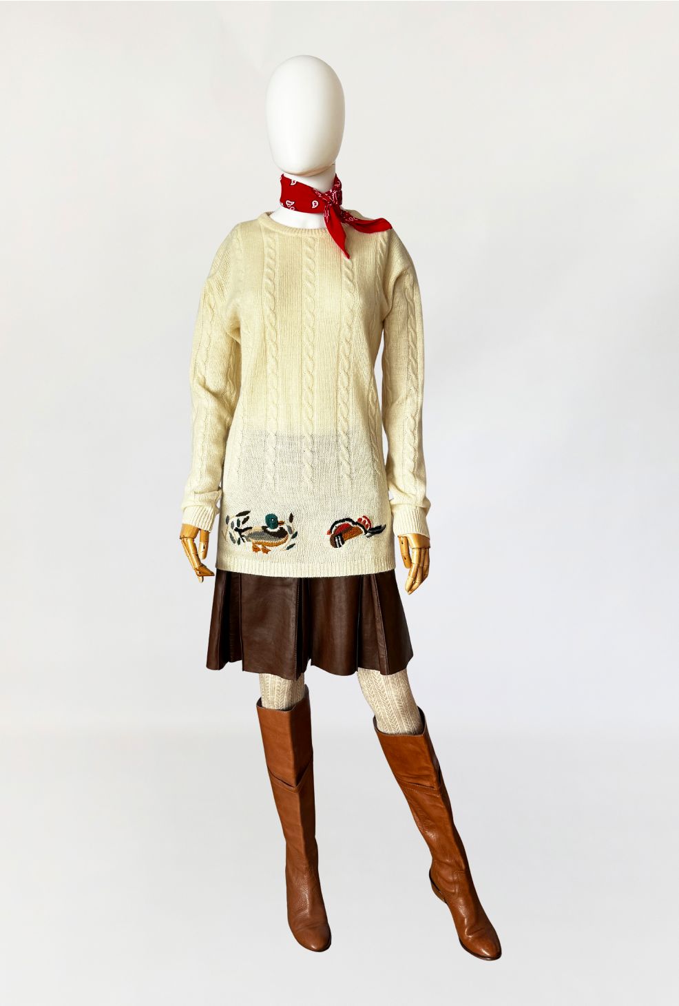 Deadstock sweter vintage wełna jagnięca haftowane kaczki