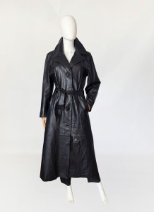 Skórzany płaszcz vintage maxi z paskiem