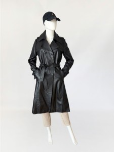 Skórzany dwurzędowy trencz vintage z pagonami na ramionach