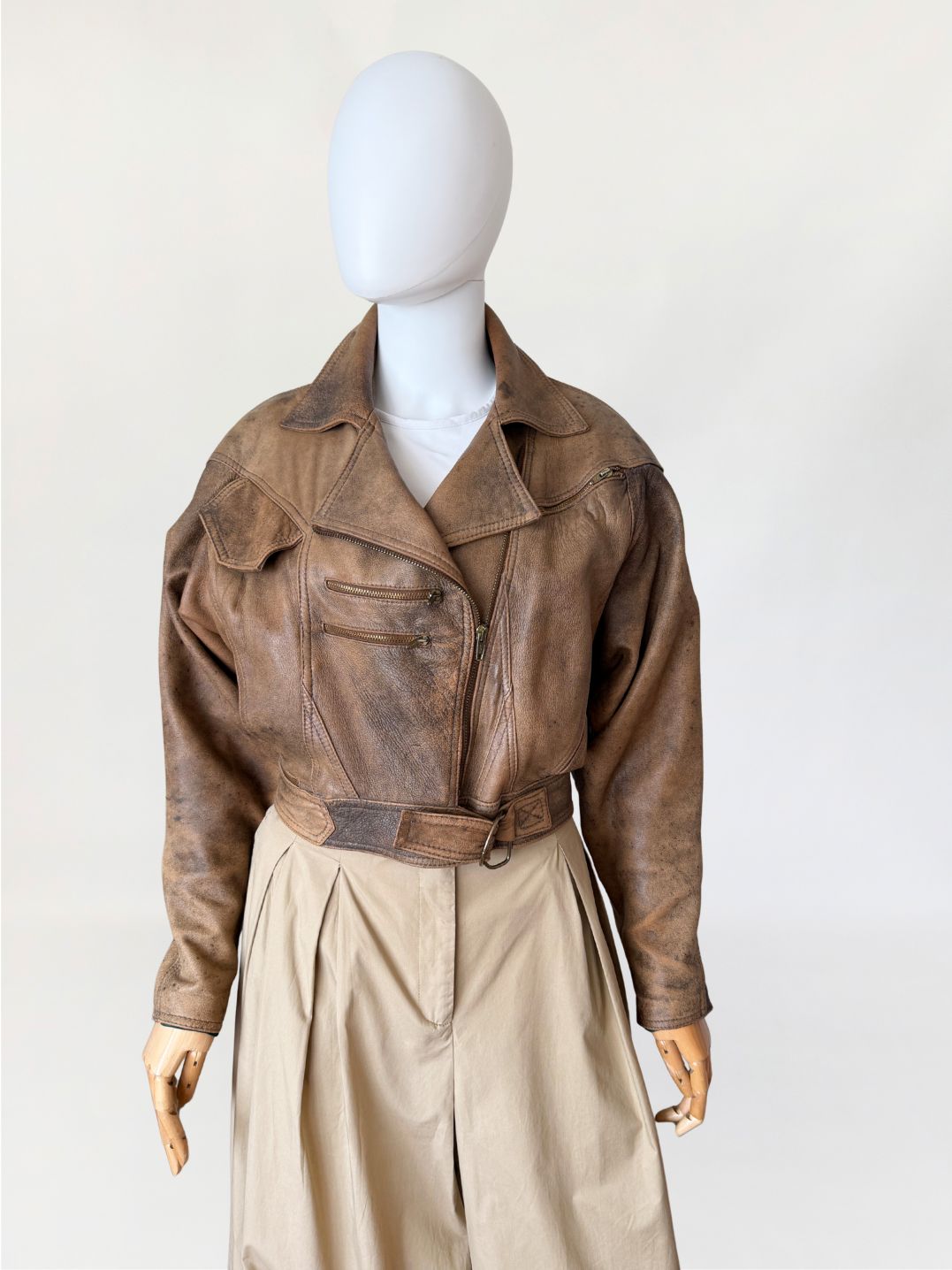 Krótka skórzana ramoneska vintage distressed 