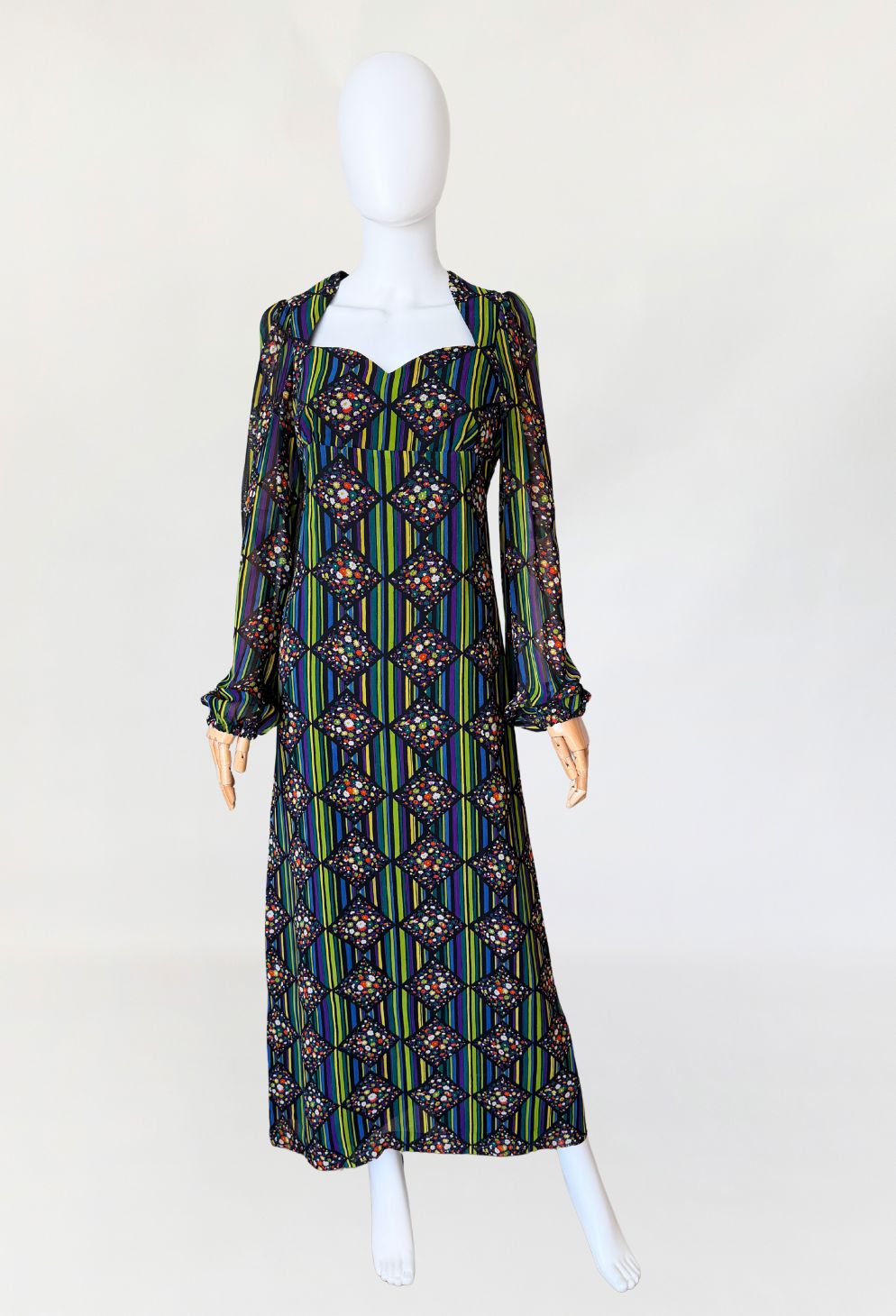 Wzorzysta maxi sukienka vintage 1970s