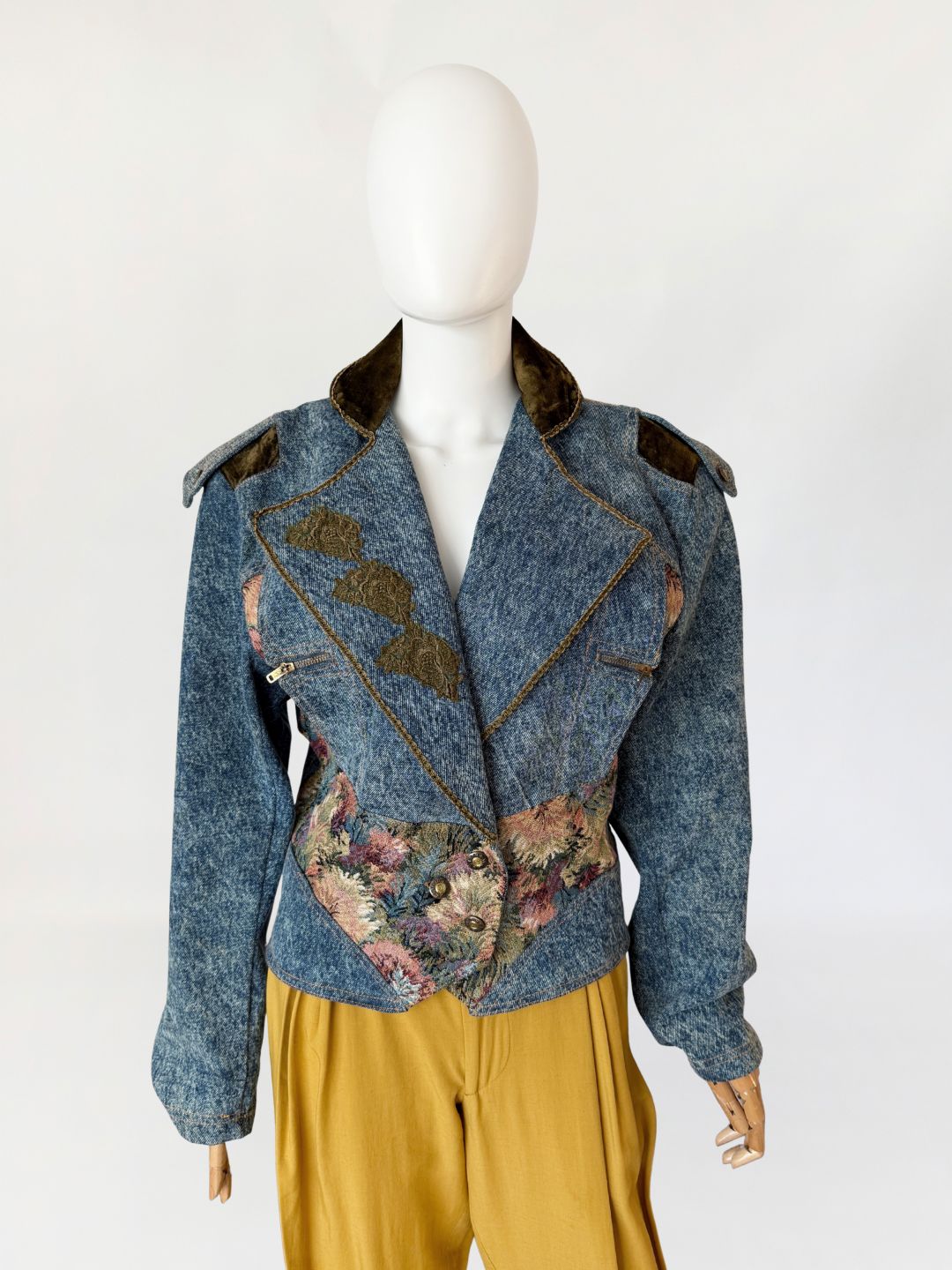 Jeansowa kurtka vintage 1990s z gobelinowymi wstawkami
