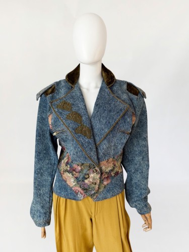 Jeansowa kurtka vintage 1990s z gobelinowymi wstawkami
